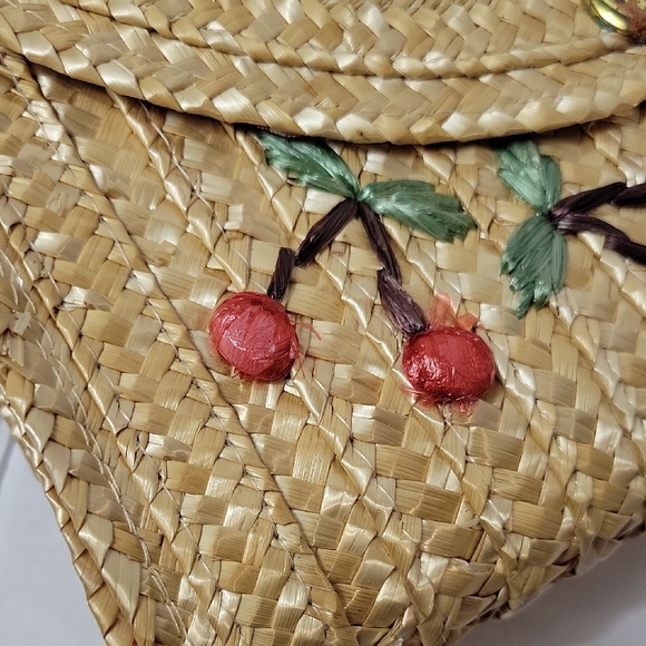 Straw Woven Cherry Embroidered Crossbody Bag in Natural - Picture 3 of 13